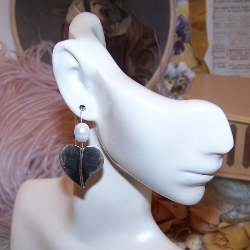 Sterling Silver Freshwater Pearl Leaf Drop Earrings - Hook Findings for Pierced